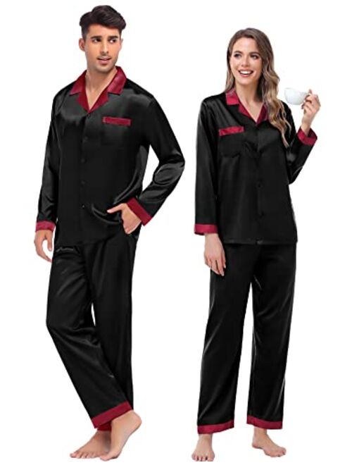 SWOMOG Couples Matching Pajamas Sets Silk Satin Long Sleeve Sleepwear Button-Down Soft Loungewear Loose Pjs Set