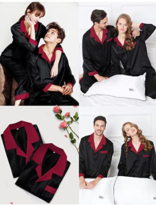 SWOMOG Couples Matching Pajamas Sets Silk Satin Long Sleeve Sleepwear Button-Down Soft Loungewear Loose Pjs Set