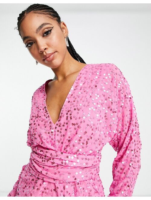 ASOS DESIGN mini dress with batwing sleeve and wrap waist in scatter sequin in pink