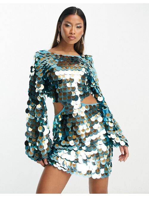ASOS DESIGN all over disc sequin mini dress with multi layered detail in blue