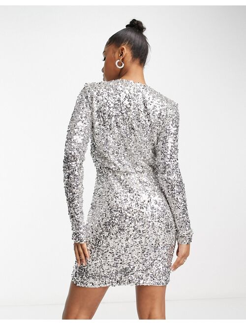 Ever New wrap front sequin mini dress in silver