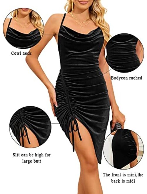 Caitefaso Womens Wrap V Neck Velvet Dress Spaghetti Strap Sexy Party Dress Ruched Mini Bodycon Cocktail Dress