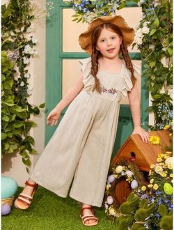 Toddler Girls Floral Embroidery Ruffle Trim Jumpsuit
