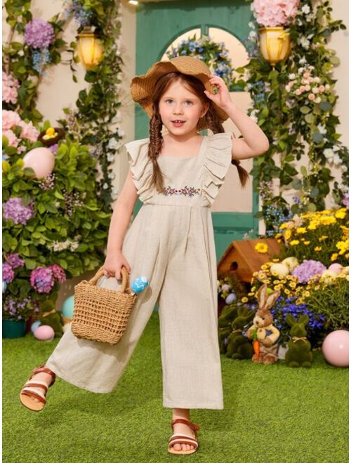SHEIN Toddler Girls Floral Embroidery Ruffle Trim Jumpsuit
