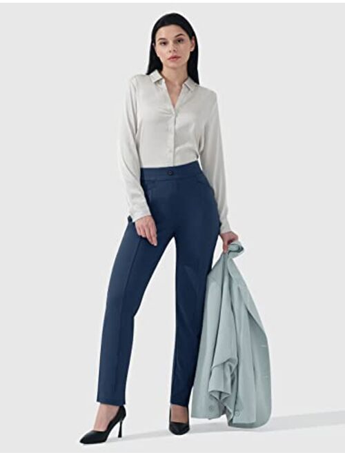 Hiverlay Dress Pants for Women Stretchy Pull On Straight Leg Trouser with Pockets