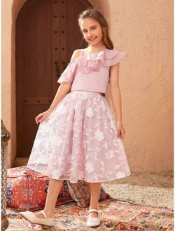 Girls Asymmetrical Neck Layered Trim Top & Floral Print Skirt Set
