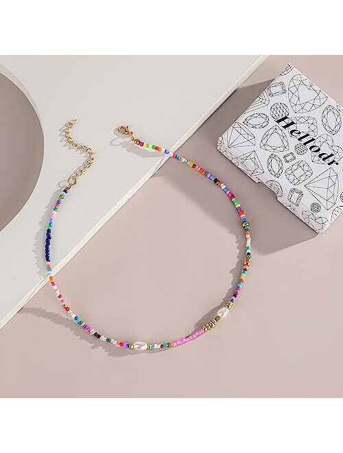 COLORFUL BLING Boho Smiley Layered Beaded Necklaces with Strand Bracelet, Smile Face Star Fruits Flowers Heart Shape Beads Pearl Stackable Collar Necklace Anklet for Wome