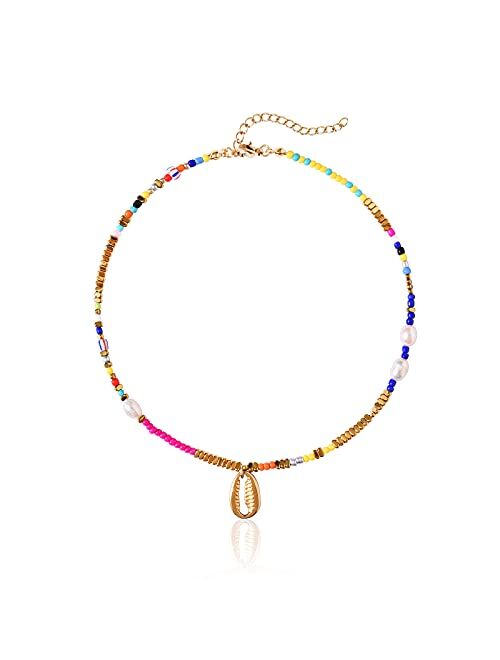Wellike Colorful Beaded Necklace for Women Freshwater Beaded Pearl Choker Necklace Evil Eye Pearl Necklaces for Teen Girls Stainless Steel 18K Gold Plated Necklace Y2K Tr