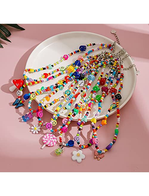 Hodea Cute Neckalce Funny Weird Necklace Colorful Beaded Necklace Smile Face Mushroom Lollipops Butterfly Gummy Bear Boba Tea Heart Beaded Necklace Indie Jewelry for Girl