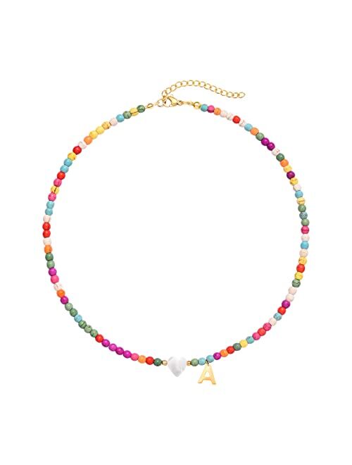 Wellike Initial Necklaces for Women Girls Colorful Beaded Choker Necklace Stainless Steel 18K Gold Plated Y2K Aesthetic Gold Letter Necklace Handmade Boho Summer Necklace