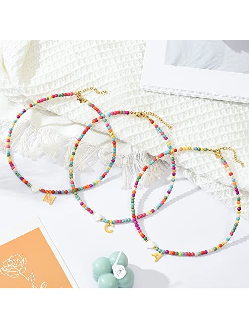 Wellike Initial Necklaces for Women Girls Colorful Beaded Choker Necklace Stainless Steel 18K Gold Plated Y2K Aesthetic Gold Letter Necklace Handmade Boho Summer Necklace