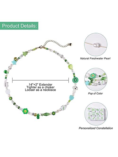 Miss Pink Beaded Necklace Y2K Zodiac Necklaces Pearl Choker For Women Teen Girls Cute Bead Smiley Face Old English Zodiac Sign Necklace 12 Constellation Astrology Necklac