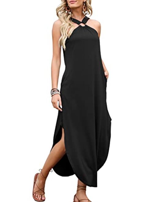 ANRABESS Women's Summer Casual Criss Cross Sundress Sleeveless Split Maxi Long Beach Dress with Pockets