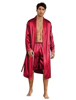 Men's Silk Bathrobes Long Sleeve Satin Kimono Robe with Shorts Sleepwear Pajamas Set