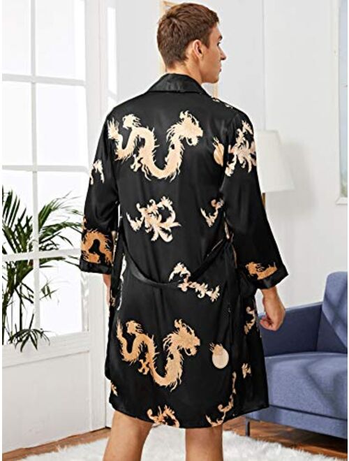 SOLY HUX Men's Silk Bathrobes Long Sleeve Satin Kimono Robe with Shorts Sleepwear Pajamas Set