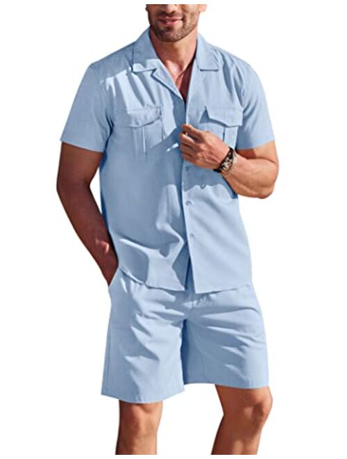 Coofandy Men's 2 Piece Linen Sets Short Sleeve Button Up Shirt and Shorts Summer Casual Beach Outfits