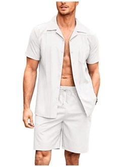 Men's 2 Piece Linen Set Guayabera Casual Button Down Shirt and Short Set Summer Beach Outfits