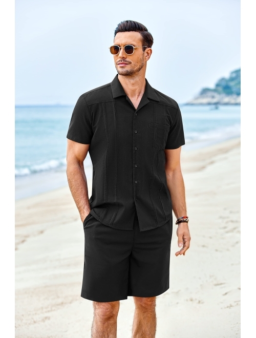 Buy COOFANDY Men's 2 Piece Linen Set Guayabera Casual Button Down Shirt ...