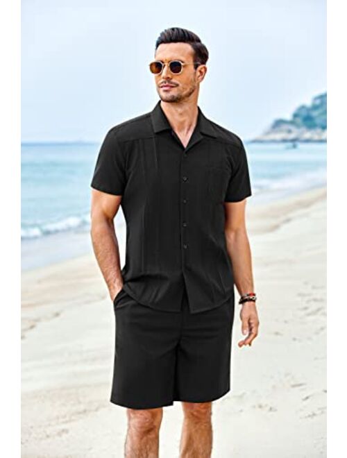 COOFANDY Men's 2 Piece Linen Set Guayabera Casual Button Down Shirt and Short Set Summer Beach Outfits
