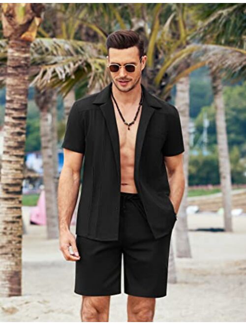 COOFANDY Men's 2 Piece Linen Set Guayabera Casual Button Down Shirt and Short Set Summer Beach Outfits
