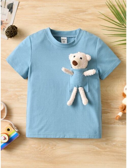 Shein Toddler Boys Bear Doll Decor Pocket Patched Tee