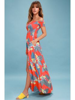 Patsy Coral Red Floral Print Off-the-Shoulder Dress