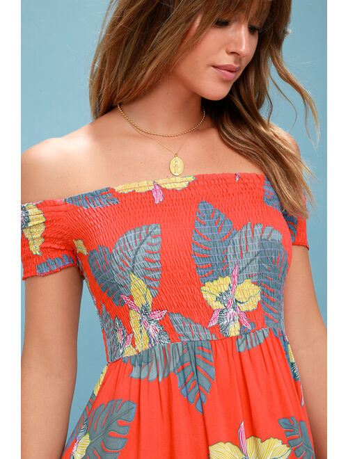 Lulus Patsy Coral Red Floral Print Off-the-Shoulder Dress