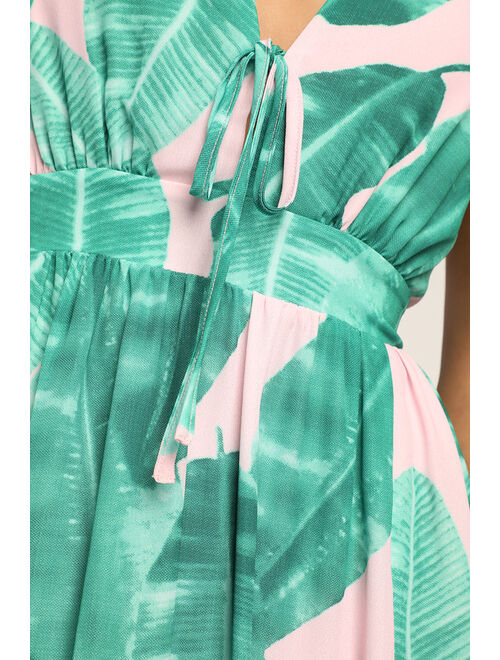 Lulus Island Essentials Pink Leaf Print Sleeveless Maxi Dress