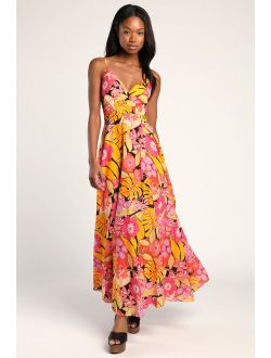 Cabo Is Calling My Name Orange Floral Print Surplice Maxi Dress