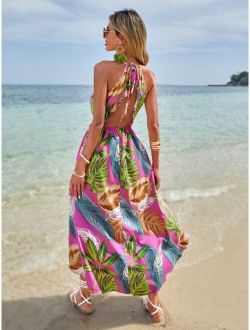 Tropical Print Cut Out Tie Backless Halter Dress