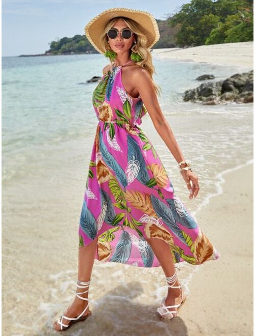 Shein Tropical Print Cut Out Tie Backless Halter Dress