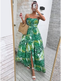 Tropical Print Shirred Split Thigh Cami Dress
