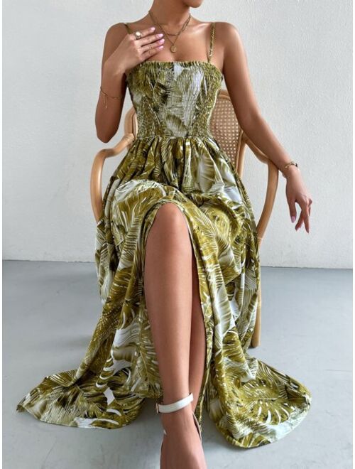 Shein Tropical Print Shirred Split Thigh Cami Dress