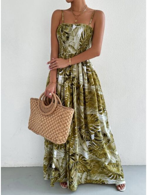 Shein Tropical Print Shirred Split Thigh Cami Dress