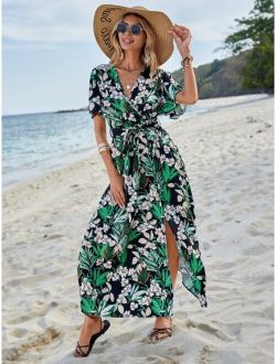 Tropical Print Split Thigh Belted Dress
