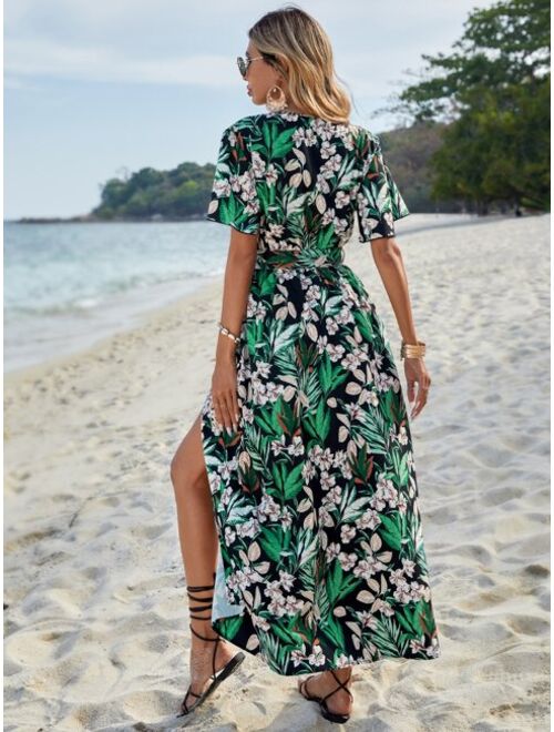 Shein Tropical Print Split Thigh Belted Dress
