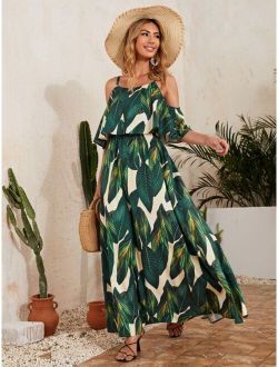 VCAY Tropical Print Cold Shoulder Ruffle Detail Dress