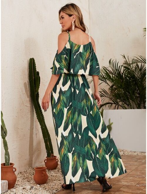 SHEIN VCAY Tropical Print Cold Shoulder Ruffle Detail Dress