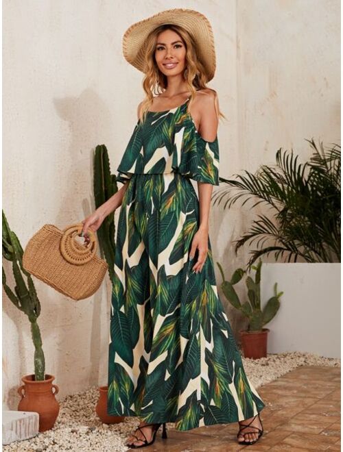 SHEIN VCAY Tropical Print Cold Shoulder Ruffle Detail Dress