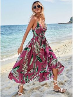 Tropical Print Belted Cami Dress