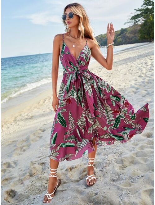 Shein Tropical Print Belted Cami Dress