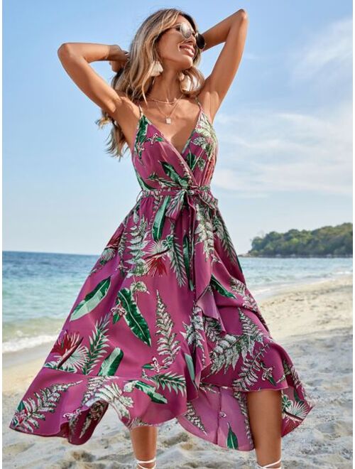 Shein Tropical Print Belted Cami Dress