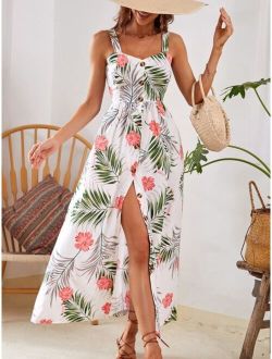 Tropical Print Button Front Cami Dress