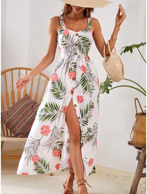 Shein Tropical Print Button Front Cami Dress