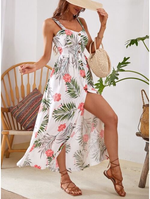 Shein Tropical Print Button Front Cami Dress