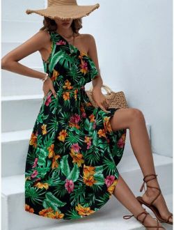VCAY Tropical Print One Shoulder Ruffle Trim Belted Dress