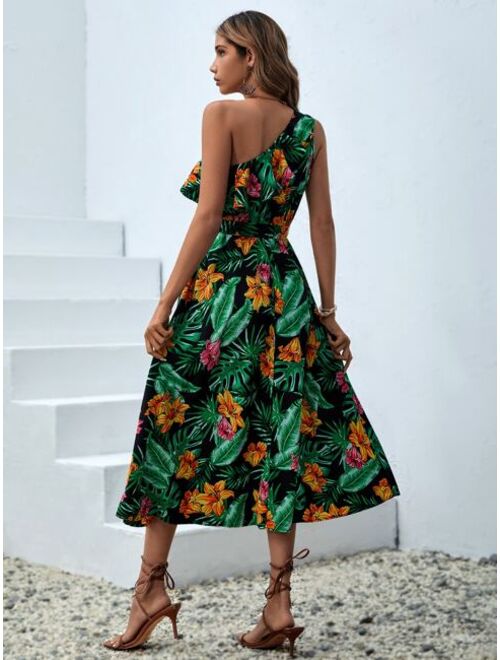 SHEIN VCAY Tropical Print One Shoulder Ruffle Trim Belted Dress
