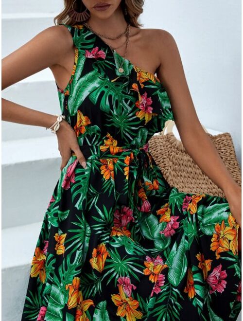 SHEIN VCAY Tropical Print One Shoulder Ruffle Trim Belted Dress