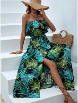 VCAY Tropical Print Split Thigh Tube Dress