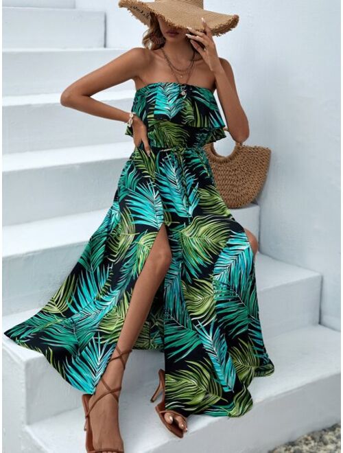 SHEIN VCAY Tropical Print Split Thigh Tube Dress